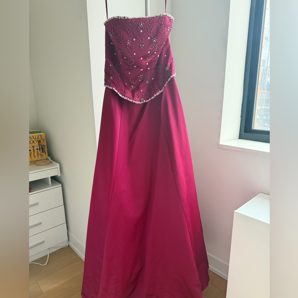 Custom Burgundy Strapless Beaded Corset Gown Elegant Formal Dress Quinceanera